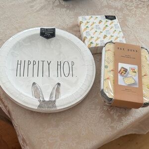 Rae Dunn Hippity Hop' Easter Plates & Carrot Napkins and treat bins